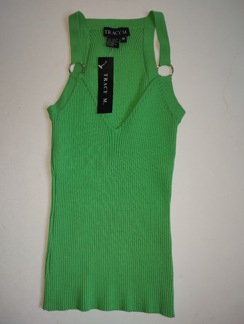 Tracy M Ribbed Top Sleeveless Jeweled Green Fitted Stretch V Neck Cotton Nylon M